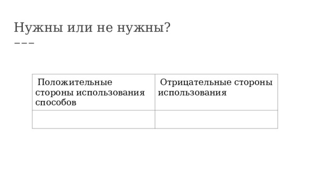 Нужны или не нужны?  Положительные стороны использования способов  Отрицательные стороны использования  Использование интерактивных методов позволяет решить несколько психолого-педагогических задач. Прежде всего, интерактивные методы ставят родителей в активную позицию. В обычной ситуации сделать это достаточно сложно: призывы учителя или психолога «высказать свое мнение», «предложить свои варианты», как правило, остаются безрезультатными. Многим родителям трудно проявить себя в ситуации традиционного родительского собрания, где ведущую роль играет воспитатель. Интерактивные методы позволяют сделать родителей активными участниками, в результате чего они начинают вести себя принципиально иначе. 