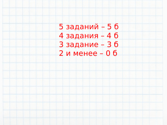5 заданий – 5 б 4 задания – 4 б 3 задание – 3 б 2 и менее – 0 б 