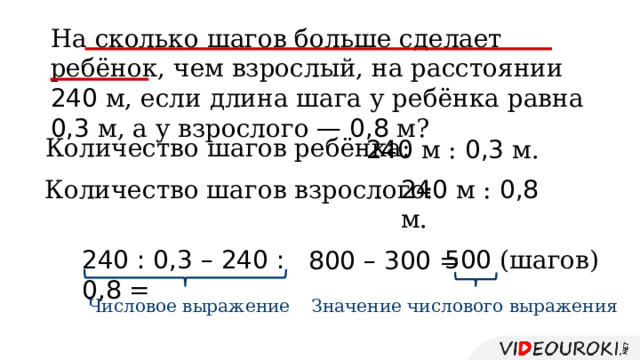 На сколько шагов больше сделает ребёнок, чем взрослый, на расстоянии 240 м, если длина шага у ребёнка равна 0,3 м, а у взрослого — 0,8 м? Количество шагов ребёнка: 240 м : 0,3 м. Количество шагов взрослого: 240 м : 0,8 м. 240 : 0,3 – 240 : 0,8 =  500 (шагов)  800 – 300  = Числовое выражение Значение числового выражения 