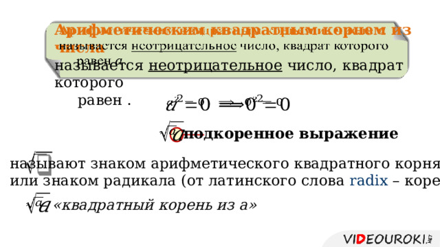 Арифметическим квадратным корнем из числа    называется неотрицательное число, квадрат которого  равен .       подкоренное выражение   называют знаком арифметического квадратного корня или знаком радикала (от латинского слова radix – корень).   – «квадратный корень из а» 