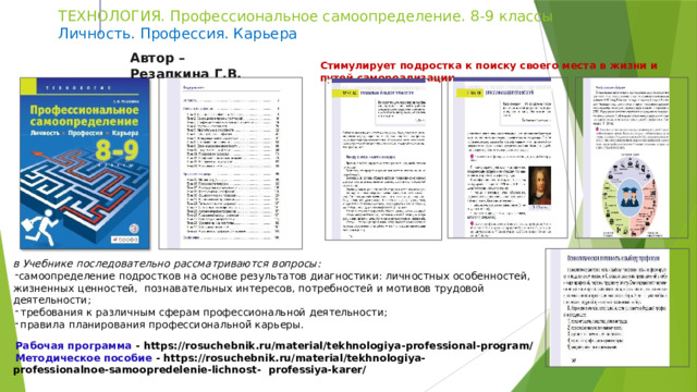 ТЕХНОЛОГИЯ.  Профессиональное самоопределение.  8-9  классы  Личность.  Профессия.  Карьера Автор  – Резапкина  Г.В. Стимулирует  подростка  к поиску  своего  места  в  жизни  и путей  самореализации в Учебнике  последовательно  рассматриваются  вопросы: самоопределение  подростков на  основе  результатов  диагностики:  личностных  особенностей,  жизненных  ценностей,  познавательных  интересов,  потребностей  и  мотивов  трудовой  деятельности; требования  к  различным  сферам  профессиональной деятельности; правила  планирования  профессиональной̆  карьеры. Рабочая  программа  -  https://rosuchebnik.ru/material/tekhnologiya-professional-program/ Методическое пособие - https://rosuchebnik.ru/material/tekhnologiya-professionalnoe-samoopredelenie-lichnost-  professiya-karer/ 