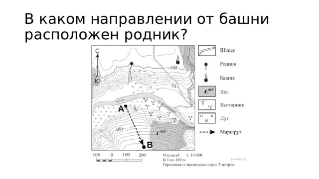 В каком направлении от башни расположен родник? 