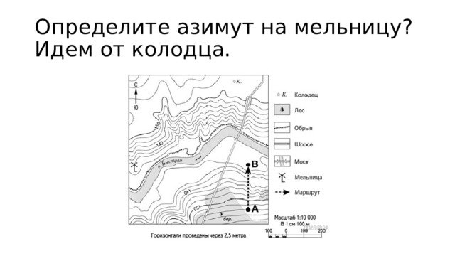 Определите азимут на мельницу? Идем от колодца. 