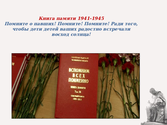   Книга памяти 1941-1945  Помните о павших! Помните! Помните! Ради того, чтобы дети детей ваших радостно встречали восход солнца! 