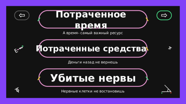 Потраченное время А время- самый важный ресурс Потраченные средства Деньги назад не вернешь Убитые нервы Нервные клетки не востановишь 