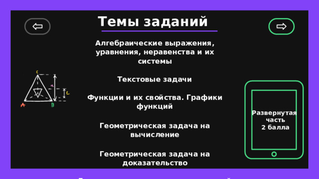 Темы заданий Алгебраические выражения, уравнения, неравенства и их системы  Текстовые задачи  Функции и их свойства. Графики функций  Геометрическая задача на вычисление  Геометрическая задача на доказательство  Геометрическая задача повышенной сложности Развернутая часть 2 балла 
