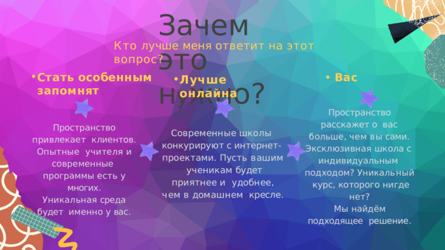 З а ч е м  э т о  н у ж н о ? Кто  лучше  меня  ответит  на  этот  вопрос? С т а т ь  о с о б е нн ы м  •  В а с  з ап о м н я т Лучше  онлайна Пространство  расскажет  о  вас  больше ,  чем  вы  сами . Эксклюзивная школа с  индивидуальным  п о д х о д о м ?  У н и к а л ь н ы й к ур с ,  ко т о р о г о  н и г д е  н е т ? Мы  найдём  подходящее  решение . Пространство привлекает  клиентов . Опытные  учителя и современные  программы  есть  у  многих . Уникальная  среда  будет  именно  у  вас . Современные школы  конкурируют с интернет -  п р о е к т а м и .  П у с т ь  в а ш и м ученикам  будет  приятнее  и  у д о б н ее ,  ч е м  в  д о м а ш н е м кресле . 