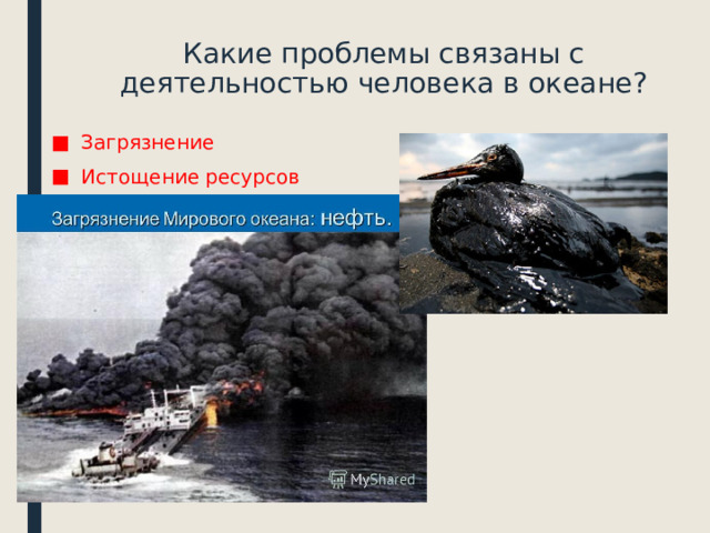 Какие проблемы связаны с деятельностью человека в океане? Загрязнение Истощение ресурсов 