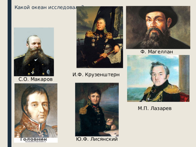 Какой океан исследовали? Ф. Магеллан И.Ф. Крузенштерн С.О. Макаров М.П. Лазарев Ю.Ф. Лисянский Головнин 
