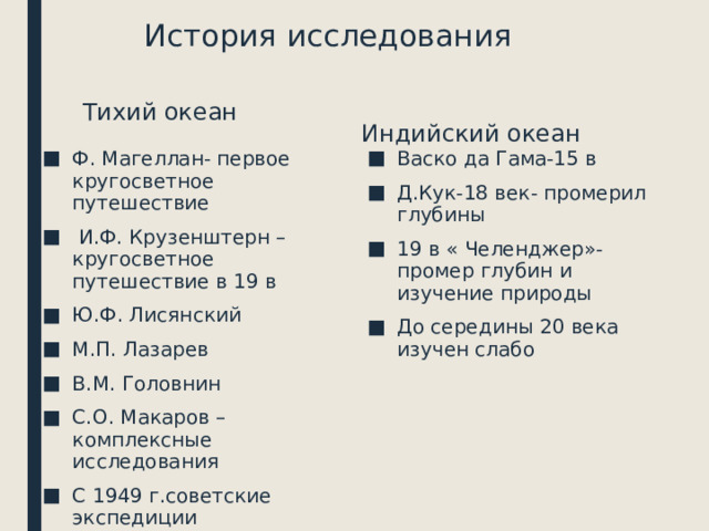История исследования Тихий океан Индийский океан Ф. Магеллан- первое кругосветное путешествие  И.Ф. Крузенштерн – кругосветное путешествие в 19 в Ю.Ф. Лисянский М.П. Лазарев В.М. Головнин С.О. Макаров –комплексные исследования С 1949 г.советские экспедиции Васко да Гама-15 в Д.Кук-18 век- промерил глубины 19 в « Челенджер»- промер глубин и изучение природы До середины 20 века изучен слабо 