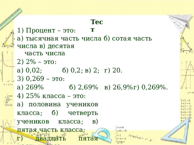 Тест 1)  Процент –  это: а)  тысячная  часть  числа  б)  сотая  часть числа  в)  десятая часть  числа 2)  2%  –  это: а) 0,02;  б)  0,2;  в) 2;  г)  20. 3) 0,269  –  это: а) 269%  б) 2,69%  в) 26,9%  г)  0,269%. 4)  25% класса –  это: а)  половина  учеников  класса; б)  четверть  учеников  класса; в)  пятая  часть  класса; г)  двадцать  пятая  часть  класса. 