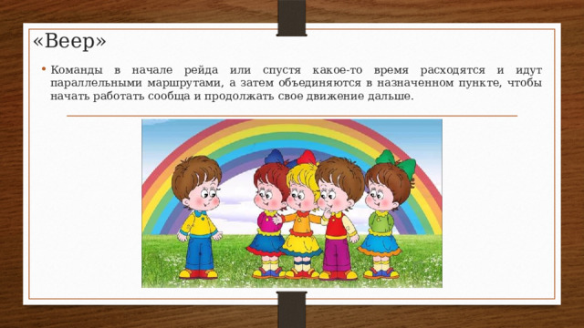 «Веер» Команды в начале рейда или спустя какое-то время расходятся и идут параллельными маршрутами, а затем объединяются в назначенном пункте, чтобы начать работать сообща и продолжать свое движение дальше. 