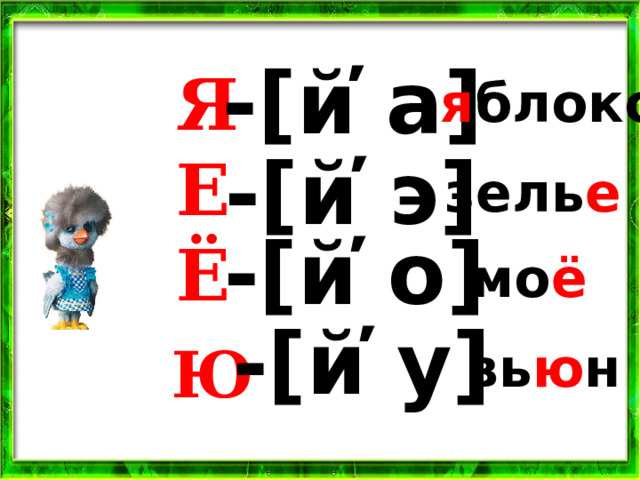 -[й̕ а] Я Е Ё я блоко -[й̕ э] зель е -[й̕ о] мо ё -[й̕ у] Ю вь ю н 