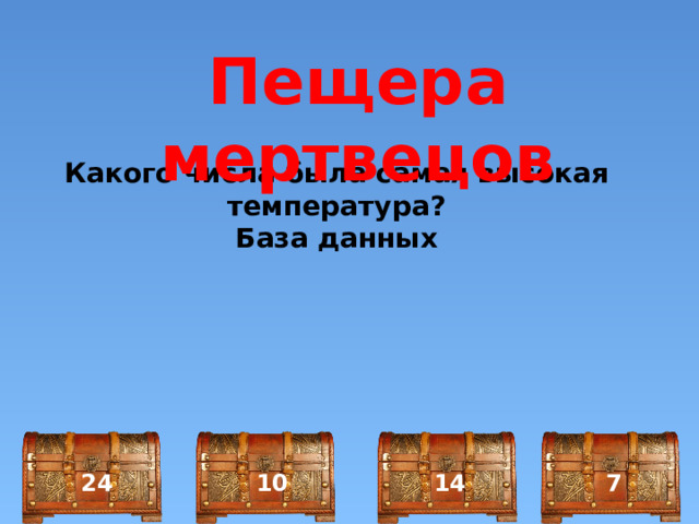 Пещера мертвецов Какого числа была самая высокая температура?  База данных 24 10 14 7 