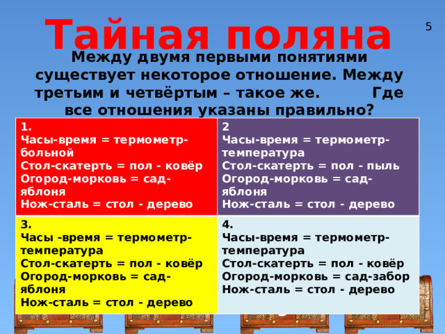 Тайная поляна 5 Между двумя первыми понятиями существует некоторое отношение. Между третьим и четвёртым – такое же. Где все отношения указаны правильно? 1. 3. 2 Часы-время = термометр-больной Часы-время = термометр-температура 4. Часы -время = термометр-температура Стол-скатерть = пол - ковёр Часы-время = термометр-температура Стол-скатерть = пол - ковёр Стол-скатерть = пол - пыль Огород-морковь = сад-яблоня Огород-морковь = сад-яблоня Огород-морковь = сад-яблоня Стол-скатерть = пол - ковёр Нож-сталь = стол - дерево Огород-морковь = сад-забор Нож-сталь = стол - дерево Нож-сталь = стол - дерево Нож-сталь = стол - дерево 2 1 4 3 