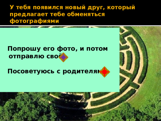 У тебя появился новый друг, который предлагает тебе обменяться фотографиям и    Попрошу его фото, и потом отправлю своё   Посоветуюсь с родителями 