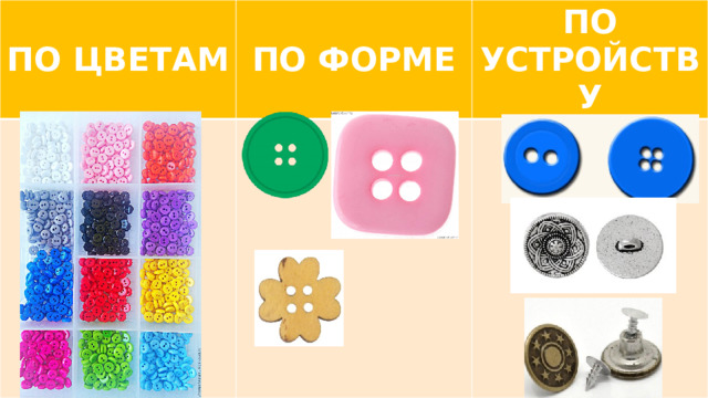 ПО ЦВЕТАМ ПО ФОРМЕ ПО УСТРОЙСТВУ 