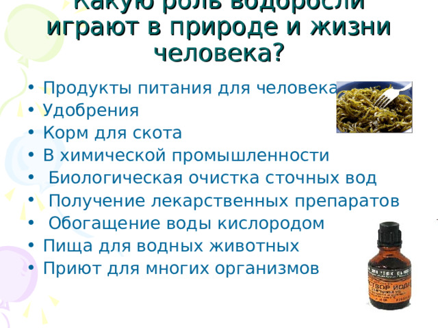 Какую роль водоросли играют в природе и жизни человека? Продукты питания для человека Удобрения Корм для скота В химической промышленности  Биологическая очистка сточных вод  Получение лекарственных препаратов  Обогащение воды кислородом Пища для водных животных Приют для многих организмов 