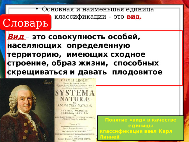 Основная и наименьшая единица классификации – это вид. Словарь Вид  – это совокупность особей, населяющих определенную территорию, имеющих сходное строение, образ жизни, способных скрещиваться и давать плодовитое потомство. (рис.27) Понятие «вид» в качестве единицы классификации ввел Карл Линней 