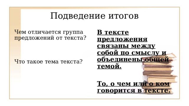 Подведение итогов Чем отличается группа предложений от текста? В тексте предложения связаны между собой по смыслу и объединены общей темой.  То, о чем или о ком говорится в тексте. Что такое тема текста? 