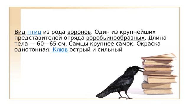 Вид   птиц  из рода  воронов . Один из крупнейших представителей отряда  воробьинообразных . Длина тела — 60—65 см. Самцы крупнее самок. Окраска однотонная. Клюв  острый и сильный 