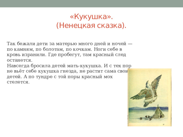 «Кукушка».  (Ненецкая сказка). Так бежали дети за матерью много дней и ночей — по камням, по болотам, по кочкам. Ноги себе в кровь изранили. Где пробегут, там красный след останется.  Навсегда бросила детей мать-кукушка. И с тех пор не вьёт себе кукушка гнезда, не растит сама своих детей. А по тундре с той поры красный мох стелется. 