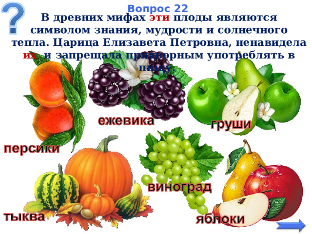 Вопрос 22   В древних мифах эти плоды являются символом знания, мудрости и солнечного тепла. Царица Елизавета Петровна, ненавидела их и запрещала придворным употреблять в пищу.  