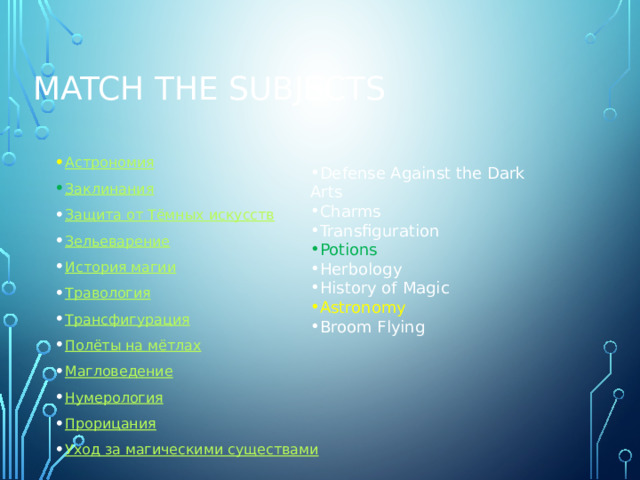 Match the subjects Астрономия Заклинания Защита от Тёмных искусств Зельеварение История магии Травология Трансфигурация Полёты на мётлах Магловедение Нумерология Прорицания Уход за магическими существами Defense Against the Dark Arts Charms Transfiguration Potions Herbology History of Magic Astronomy Broom Flying 