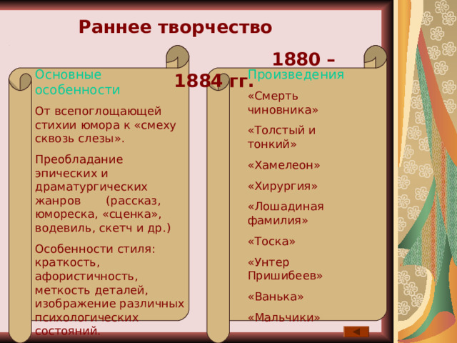 Раннее творчество  1880 – 1884 гг. Основные особенности Произведения От всепоглощающей стихии юмора к «смеху сквозь слезы». Преобладание эпических и драматургических жанров (рассказ, юмореска, «сценка», водевиль, скетч и др.) Особенности стиля: краткость, афористичность, меткость деталей, изображение различных психологических состояний. Стремление к изображению не характера, а типа. «Смерть чиновника» «Толстый и тонкий» «Хамелеон» «Хирургия» «Лошадиная фамилия» «Тоска» «Унтер Пришибеев» «Ванька» «Мальчики» 