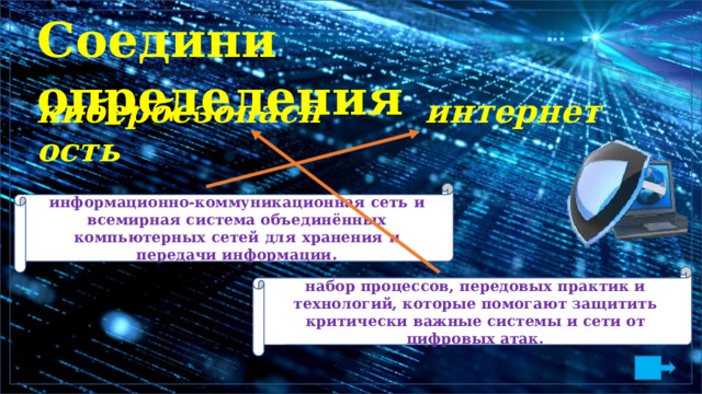 С о е ди ни  опреде ле ни я интернет кибербезопасность и н ф о р м а ц и о н н о-ко мм у никаци о н ная  с е ть  и  в с е мир н ая  систе м а о б ъе д и н ён н ы х  к о мпь ю терн ы х  сетей  д ля  х р а нения  и  п ере д а чи и н ф о р м а ци и . н аб ор  проц е с со в,  п е р ед ов ы х  пр а к т ик и  т е х н о лог ий, ко т орые  по м ог а ют з ащ и т и т ь кри т ически  в ажные системы  и  с е т и  от ци ф ров ы х  а т а к . 