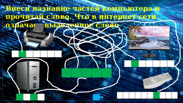 В н е с и н аз в а н ие  ч ас т ей  к о м п ь ю т е р а  и п р о ч и тай с л о в о .  Ч т о  в и н т е р н е т с е т и  о з н а ч ает  в ы д е ле н н о е  с лово р о б о т 