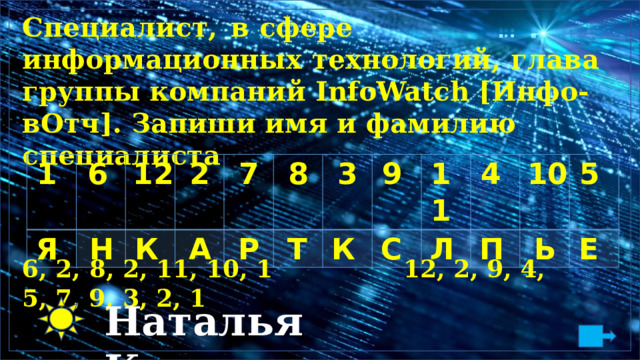С п е ц и а л и с т ,  в  сфере  и н ф ор м а ци о н н ы х  т е х н о л о г ий,  г л а ва  г р у пп ы к о м п а н и й  I n f oWat c h [ И н ф о -в О т ч].  З а п и ши и м я и фа м и ли ю с п е циа л ис т а 1 Я 6 12 Н 2 К 7 А 8 Р 3 Т 9 К 11 С 4 Л 10 П 5 Ь Е 6,  2,  8 ,  2, 11,  10, 1  12,  2 ,  9, 4,  5 ,  7, 9,  3 ,  2,  1 Н а т а л ь я  Ка с п е р с кая 