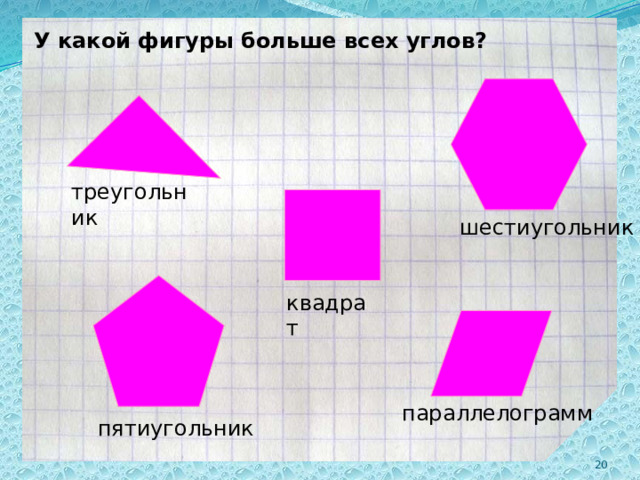 У какой фигуры больше всех углов? треугольник шестиугольник квадрат параллелограмм пятиугольник 2 