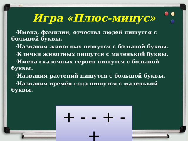 Игра «Плюс-минус» Имена, фамилии, отчества людей пишутся с большой буквы. Названия животных пишутся с большой буквы. Клички животных пишутся с маленькой буквы. Имена сказочных героев пишутся с большой буквы. Названия растений пишутся с большой буквы. Названия времён года пишутся с маленькой буквы.  + - - + - + 