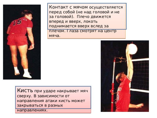 Контакт с мячом осуществляется перед собой (не над головой и не за головой).  Плечо движется вперед и вверх, локоть поднимается вверх вслед за плечом. Глаза смотрят на центр мяча. Кисть при ударе накрывает мяч сверху. В зависимости от направления атаки кисть может закрываться в разных направлениях. 