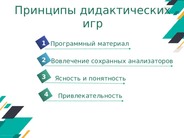 Принципы дидактических игр 1 Программный материал 2 Вовлечение сохранных анализаторов 3 Ясность и понятность 4 3 Привлекательность 