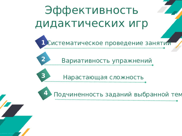 Эффективность дидактических игр 1 Систематическое проведение занятий 2 Вариативность упражнений 3 Нарастающая сложность 4 3 Подчиненность заданий выбранной теме 