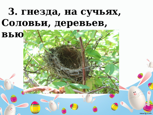  3. гнезда, на сучьях, Соловьи, деревьев, вьют. 