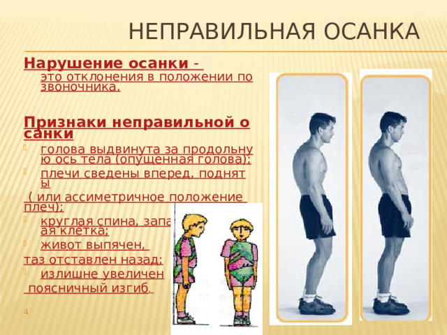 Неправильная осанка  Нарушение осанки  - это отклонения в положении позвоночника.   Признаки неправильной осанки голова выдвинута за продольную ось тела (опущенная голова); плечи сведены вперед, подняты ( или ассиметричное положение плеч); круглая спина, запавшая грудная клетка; живот выпячен, таз отставлен назад; излишне увеличен поясничный изгиб .   