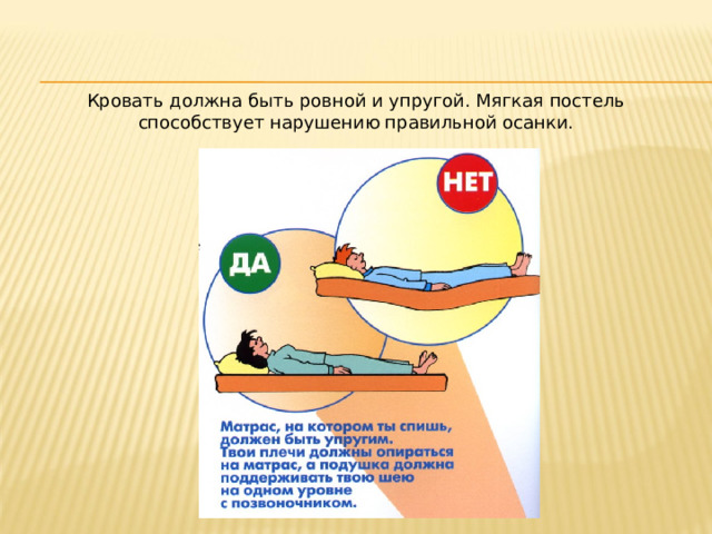 Кровать должна быть ровной и упругой. Мягкая постель способствует нарушению правильной осанки. 
