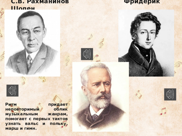 С.В. Рахманинов Фридерик Шопен Ритм придает неповторимый облик музыкальным жанрам, помогает с первых тактов узнать вальс и польку, марш и гимн. 