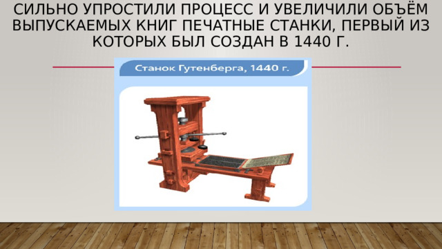 Сильно упростили процесс и увеличили объём выпускаемых книг печатные станки, первый из которых был создан в 1440 г. 