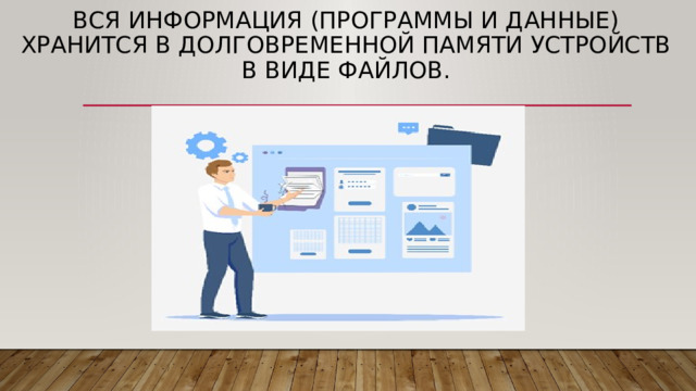 Вся информация (программы и данные) хранится в долговременной памяти устройств в виде файлов. 