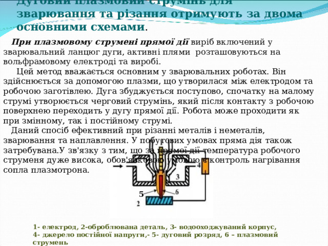 Дуговий плазмовий струмінь для зварювання та різання отримують за двома основними схемами .   При плазмовому струмені прямої дії виріб включений у зварювальний ланцюг дуги, активні плями розташовуються на вольфрамовому електроді та виробі.  Цей метод вважається основним у зварювальних роботах. Він здійснюється за допомогою плазми, що утворилася між електродом та робочою заготівлею. Дуга збуджується поступово, спочатку на малому струмі утворюється черговий струмінь, який після контакту з робочою поверхнею переходить у дугу прямої дії. Робота може проходити як при змінному, так і постійному струмі.  Даний спосіб ефективний при різанні металів і неметалів, зварювання та наплавлення. У побутових умовах пряма дія також затребувана.У зв'язку з тим, що за прямої дії температура робочого струменя дуже висока, обов'язковою умовою є контроль нагрівання сопла плазмотрона.   5 1- електрод, 2-оброблювана деталь, 3- водооходжуваний корпус, 4- джерело постійної напруги,- 5- дуговий розряд, 6 – плазмовий струмень 