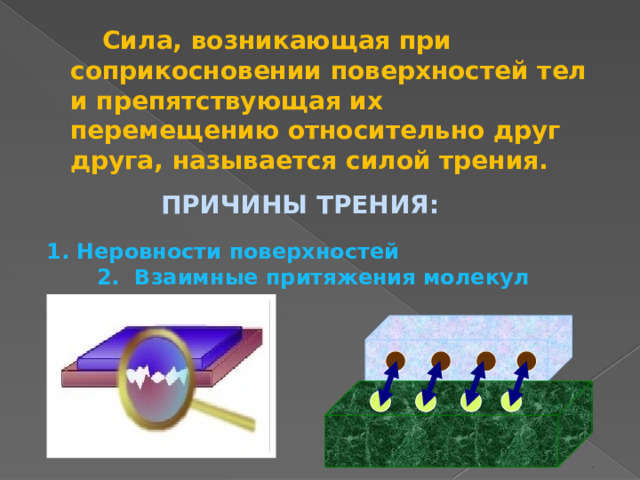  Сила, возникающая при соприкосновении поверхностей тел и препятствующая их перемещению относительно друг друга, называется силой трения.  ПРИЧИНЫ ТРЕНИЯ:   Неровности поверхностей   2. Взаимные притяжения молекул  