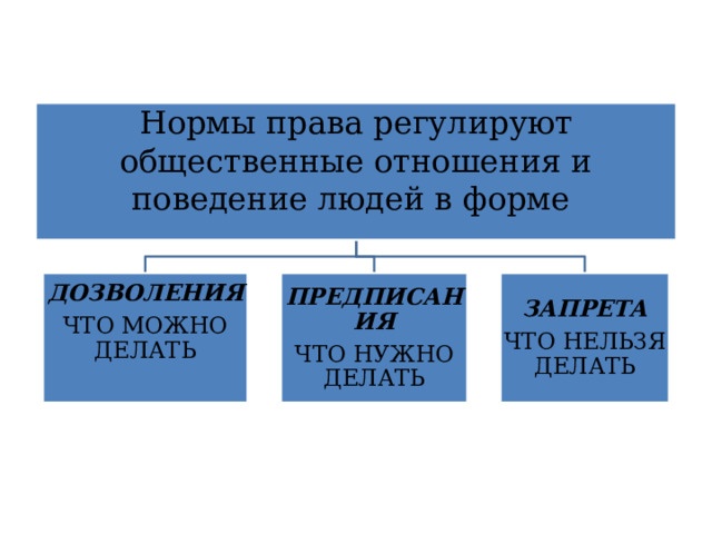 Нормы права регулируют общественные отношения и поведение людей в форме ДОЗВОЛЕНИЯ ПРЕДПИСАНИЯ ЗАПРЕТА ЧТО МОЖНО ДЕЛАТЬ ЧТО НУЖНО ДЕЛАТЬ ЧТО НЕЛЬЗЯ ДЕЛАТЬ 
