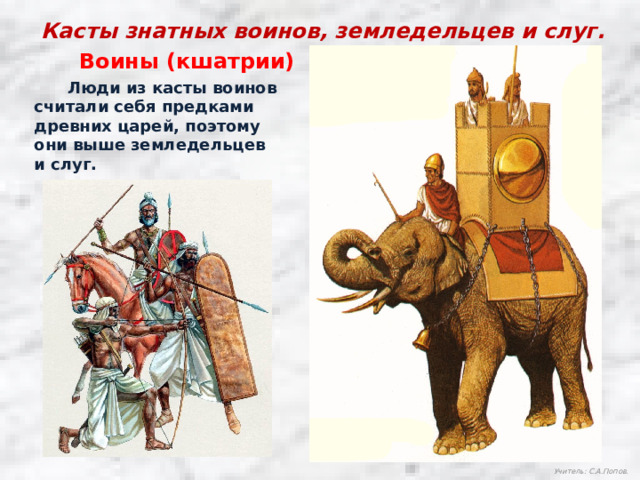 Касты знатных воинов, земледельцев и слуг. Воины (кшатрии)  Люди из касты воинов считали себя предками древних царей, поэтому они выше земледельцев и слуг. Учитель: С.А.Попов. 