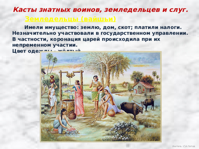 Касты знатных воинов, земледельцев и слуг. Земледельцы (вайшьи)  Имели имущество: землю, дом, скот; платили налоги. Незначительно участвовали в государственном управлении. В частности, коронация царей происходила при их непременном участии. Цвет одежды - жёлтый Учитель: С.А.Попов. 