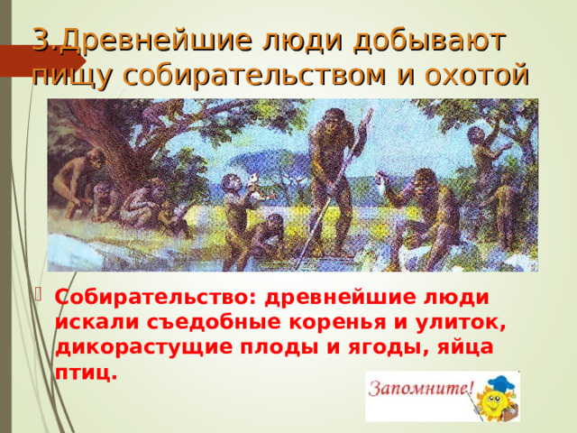 3.Древнейшие люди добывают пищу собирательством и охотой   Собирательство: древнейшие люди искали съедобные коренья и улиток, дикорастущие плоды и ягоды, яйца птиц.  