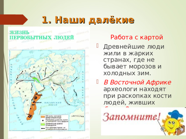 1. Наши далёкие предки  Работа с картой Древнейшие люди жили в жарких странах, где не бывает морозов и холодных зим. В Восточной Африке археологи находят при раскопках кости людей, живших более 2 миллионов лет назад.  